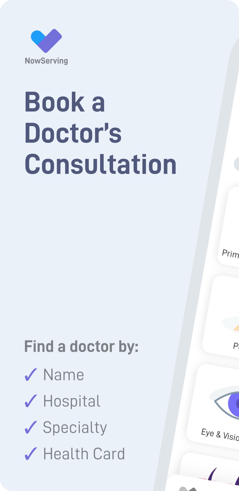 Book a doctor's consultation, searchable by name, hospital, specialty, or health card